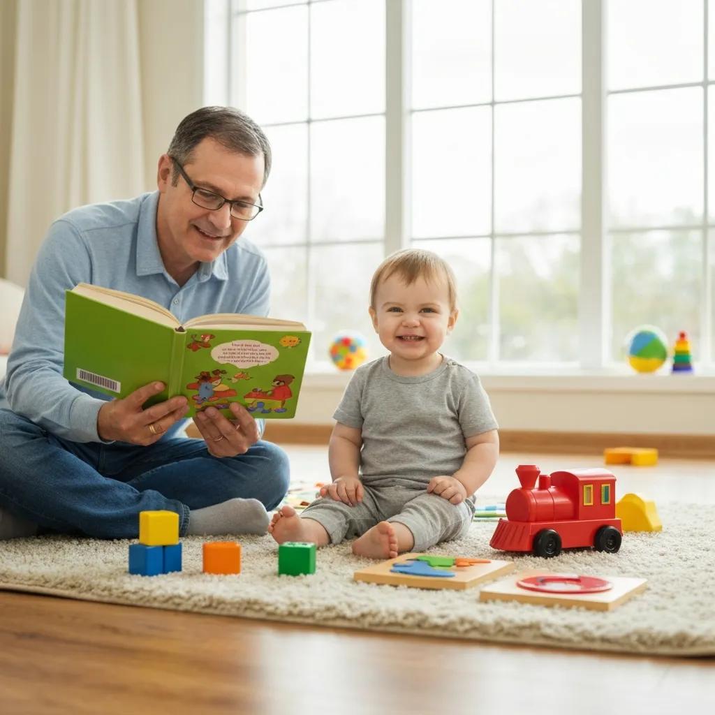 Parent reading to child in a bright, nurturing environment, emphasizing early childhood brain development