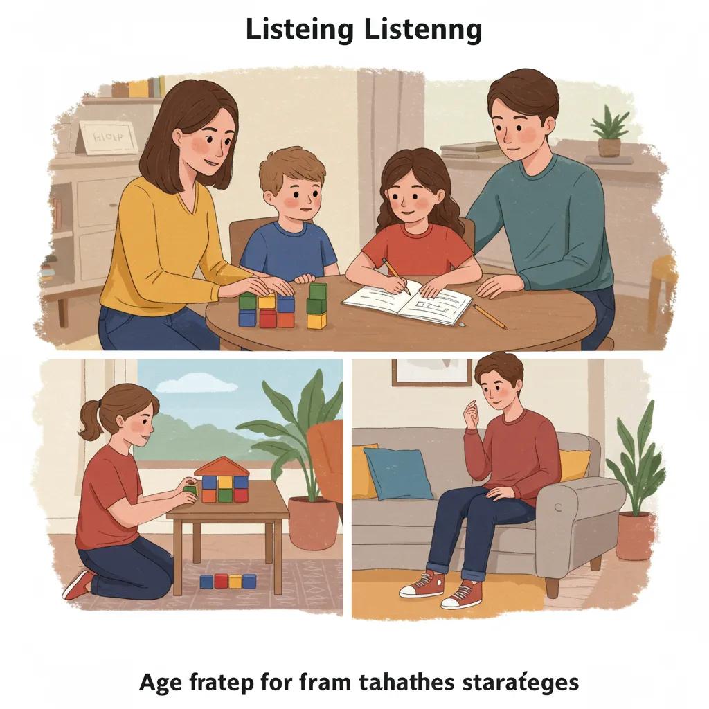 Parent using age-specific listening strategies with toddler, school-age child, and teenager, illustrating diverse communication approaches