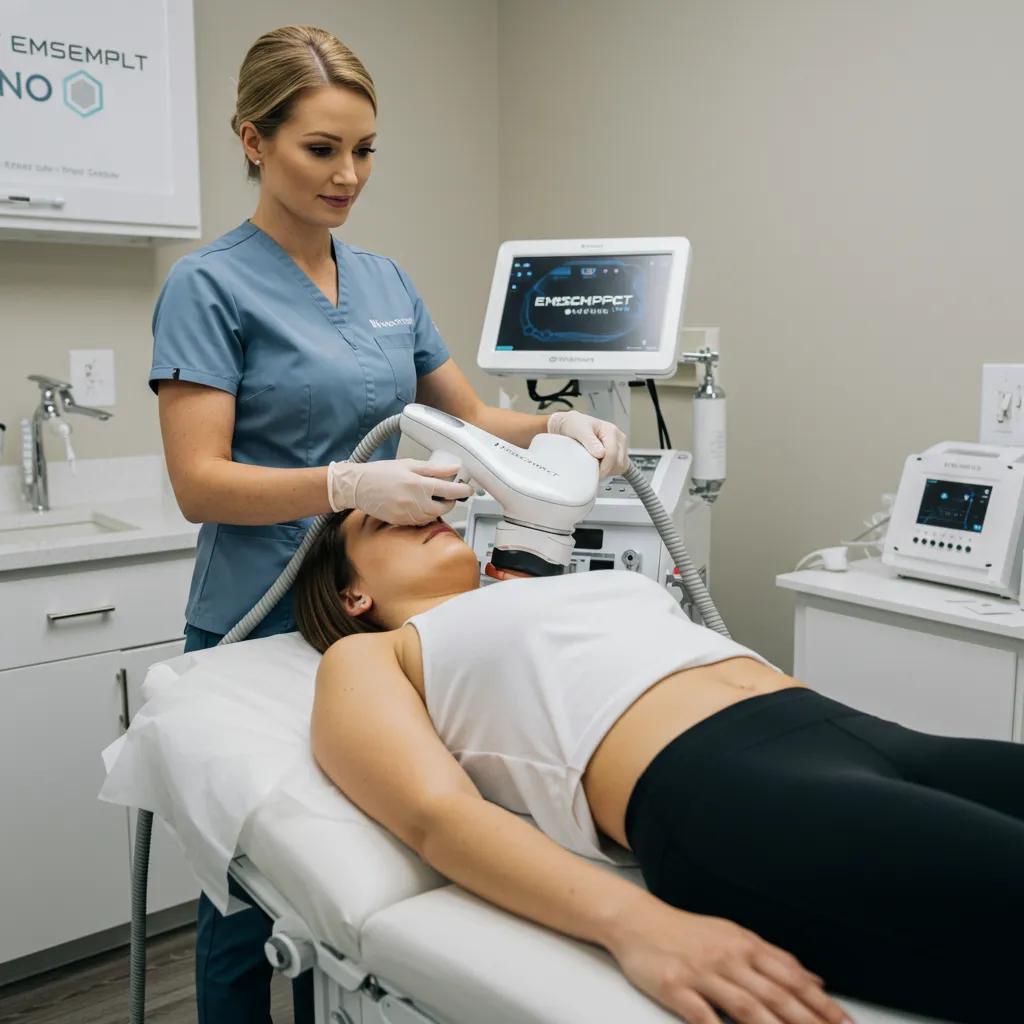 Patient receiving Emsculpt Neo treatment in a clinical setting, showcasing the non-invasive procedure Patient receiving Emsculpt Neo treatment in a clinical setting, showcasing the non-invasive procedure