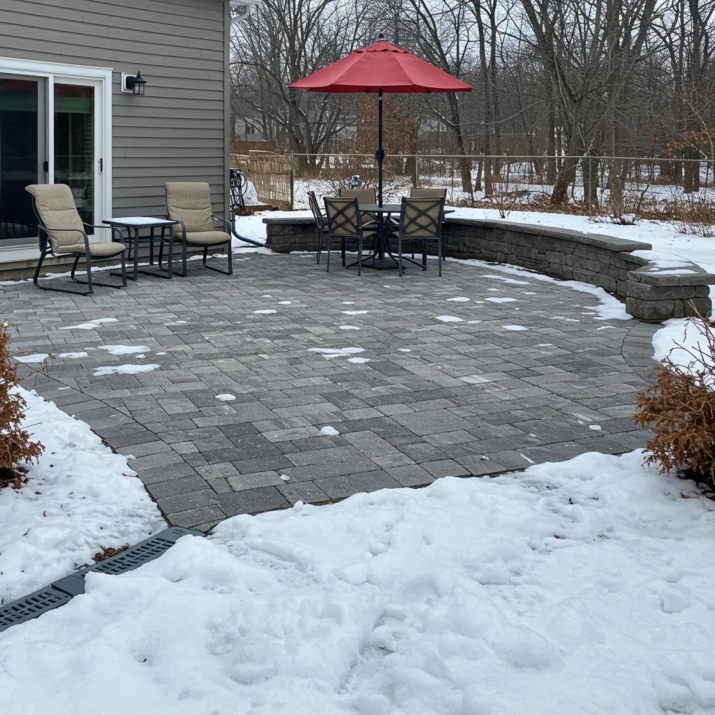 Resilient patio designed for Wisconsin's climate, featuring permeable pavers and advanced drainage systems, even in a snowy setting.