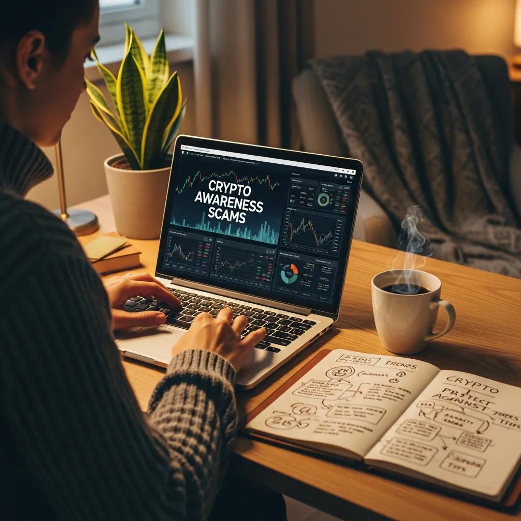 Person checking crypto data on a laptop with a notepad and coffee, highlighting scam awareness Person checking crypto data on a laptop with a notepad and coffee, highlighting scam awareness