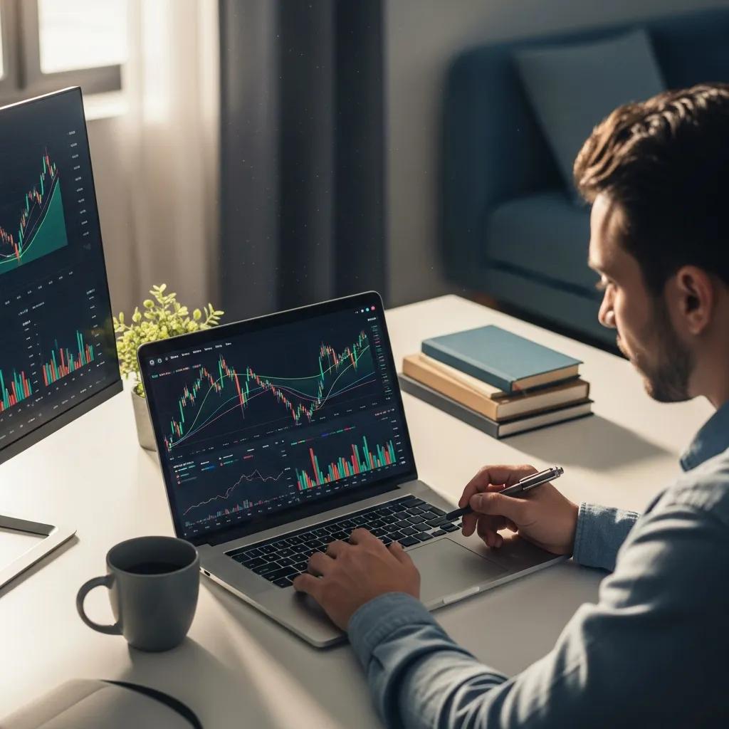 Person reviewing cryptocurrency charts and on‑chain data on a laptop in a modern workspace Person reviewing cryptocurrency charts and on‑chain data on a laptop in a modern workspace