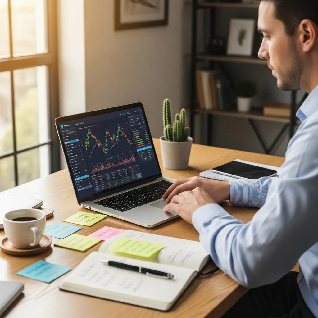 Person analyzing trading data on a laptop in a bright workspace