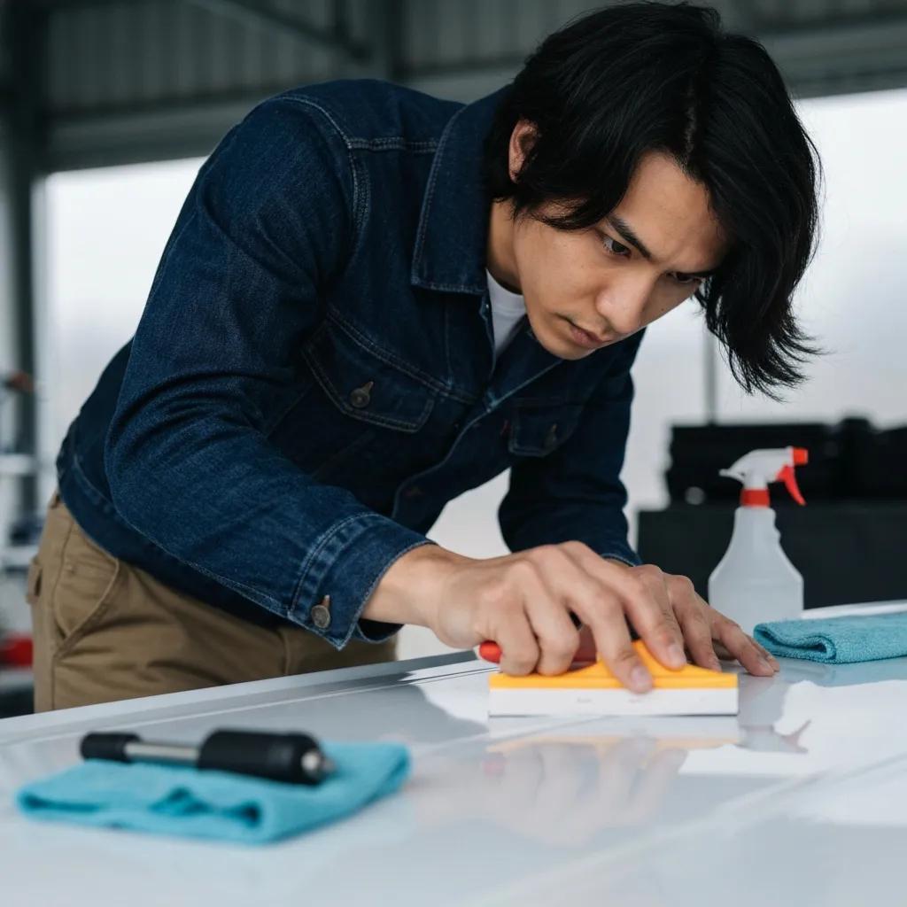 Person applying a vinyl decal to a car, demonstrating safe installation techniques