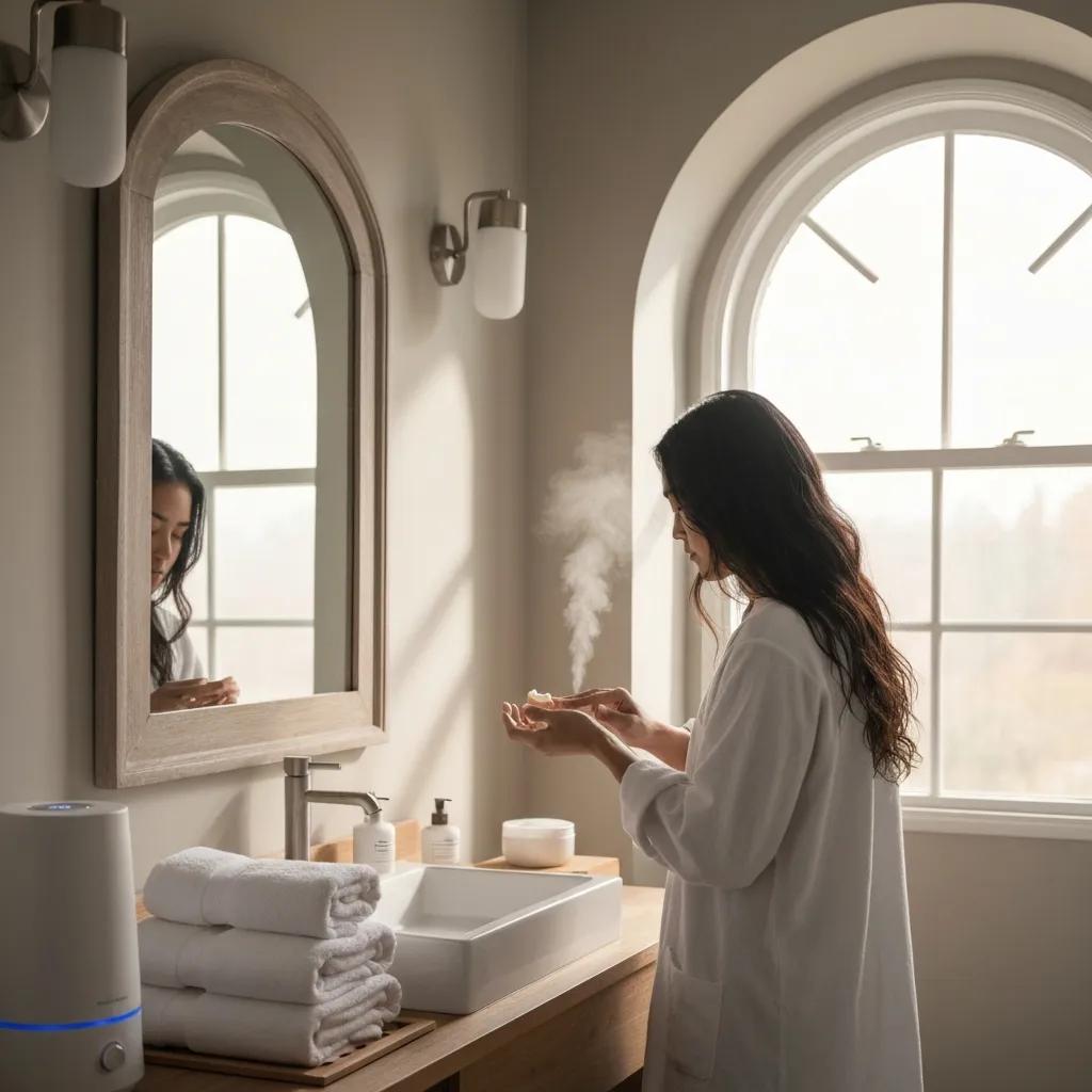 Person applying moisturizer in a calm bathroom, demonstrating a simple winter skincare routine