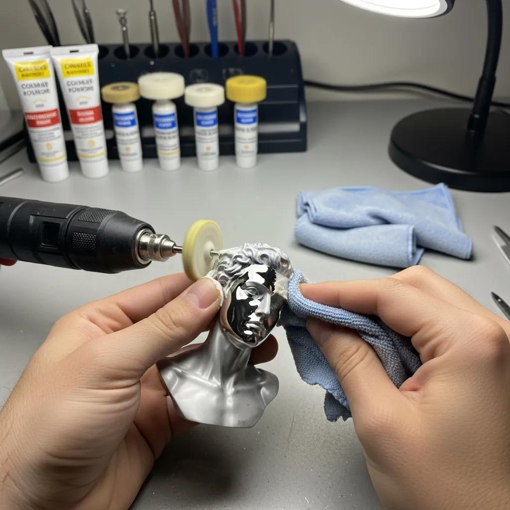 Person applying polishing paste to a 3D-printed object, demonstrating surface enhancement techniques