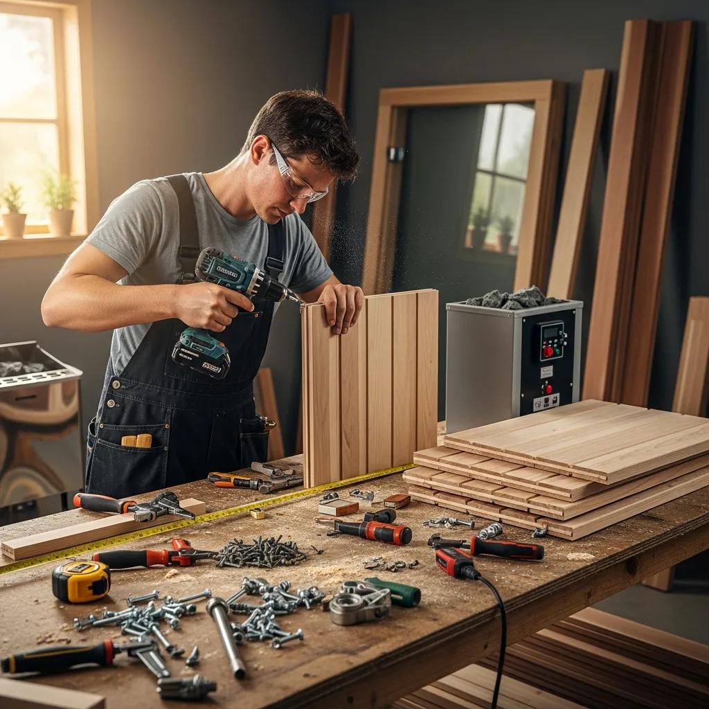 Person assembling a DIY sauna kit with tools and components