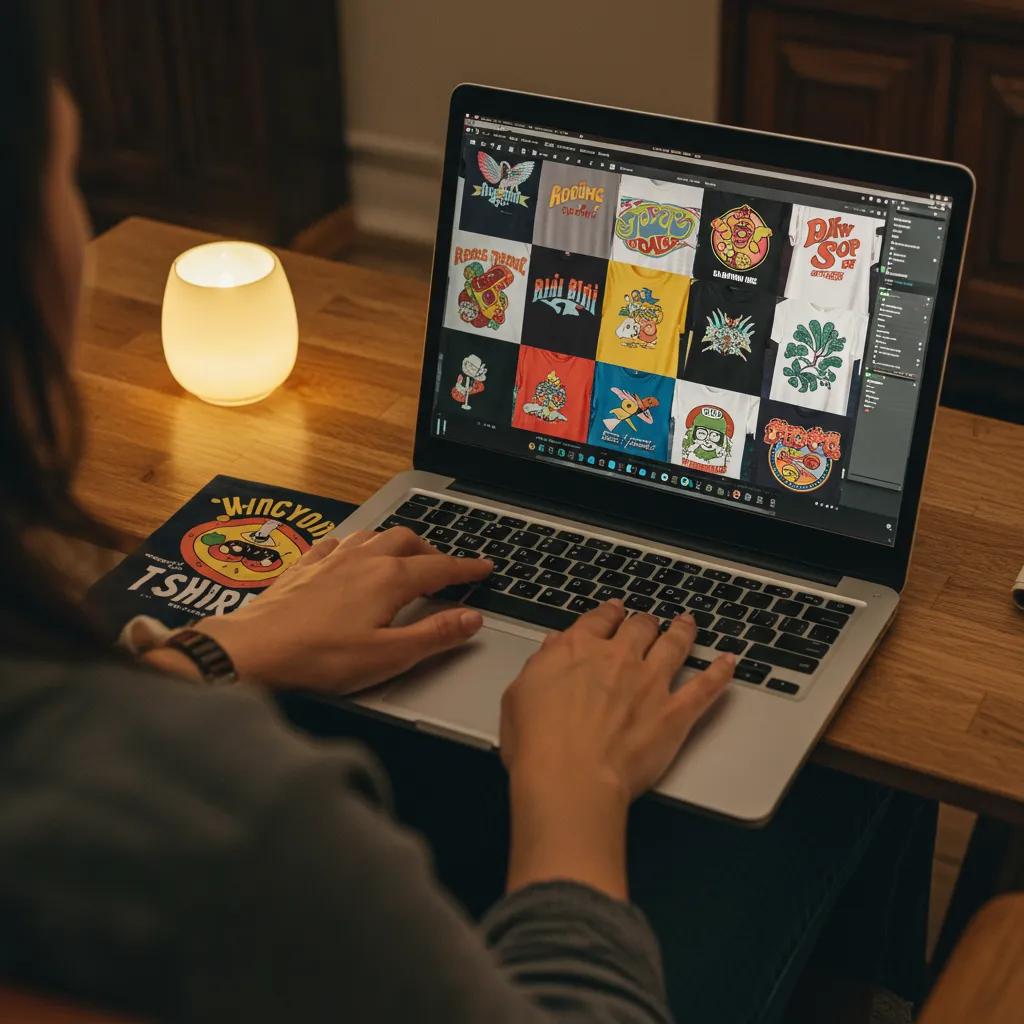 Person browsing an online store for retro graphic t-shirts on a laptop in a cozy setting