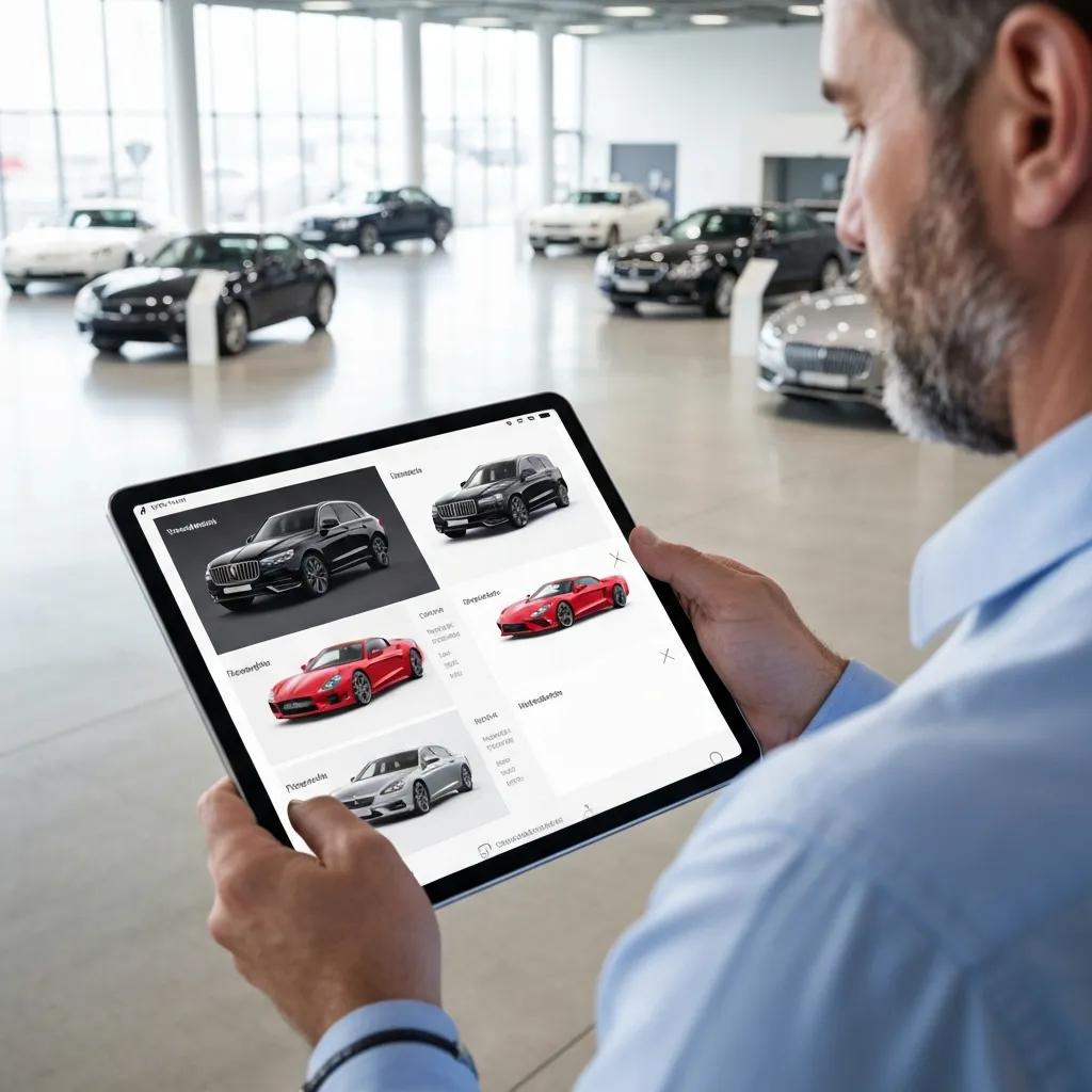 Person browsing luxury car options on a tablet in a modern showroom, illustrating the selection process for luxury rentals