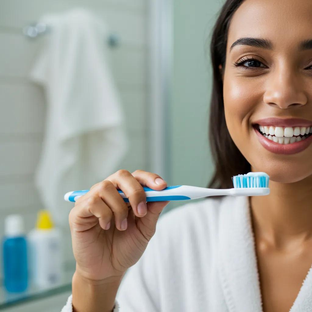 Person brushing teeth with whitening toothpaste in a modern bathroom