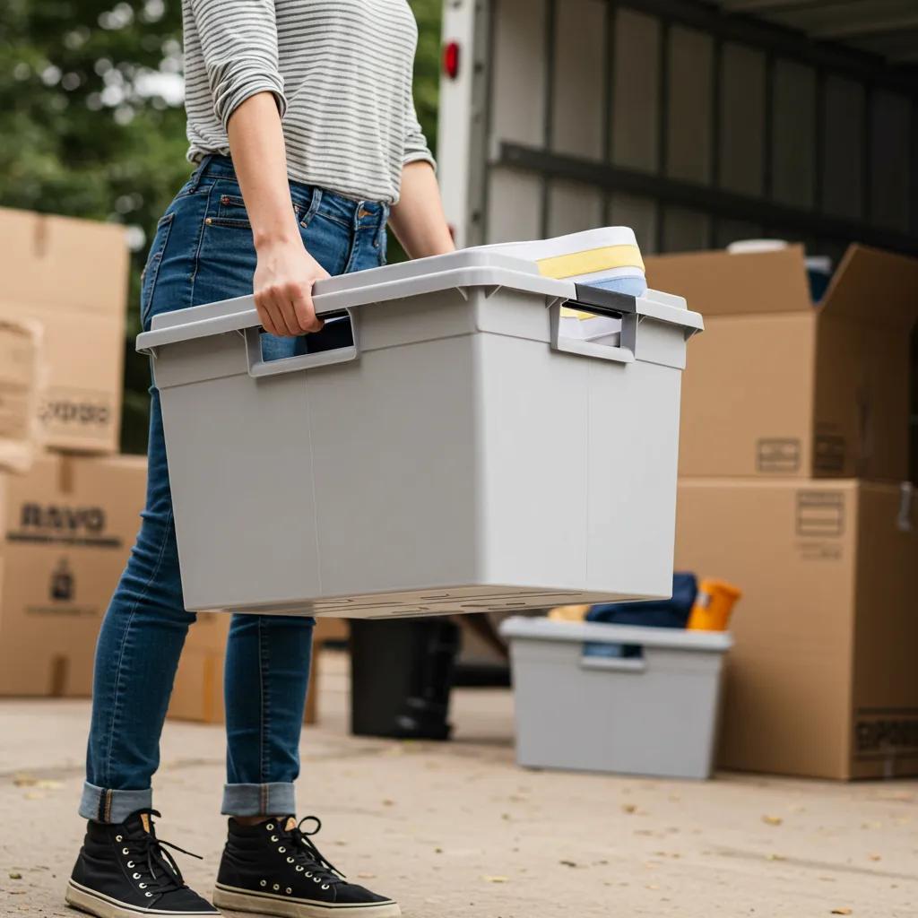 Person carrying a plastic moving box with built-in handles, showcasing practical advantages over cardboard in a moving scenario