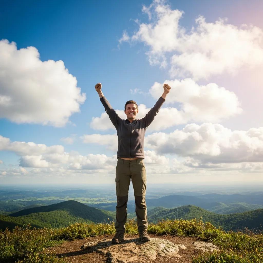 Person celebrating on a mountain peak — a visual for growing confidence and self-worth