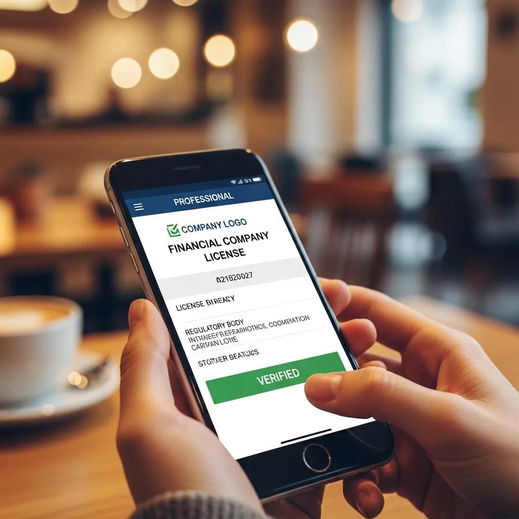 Person checking financial company license on smartphone in a café, highlighting diligence in financial verification