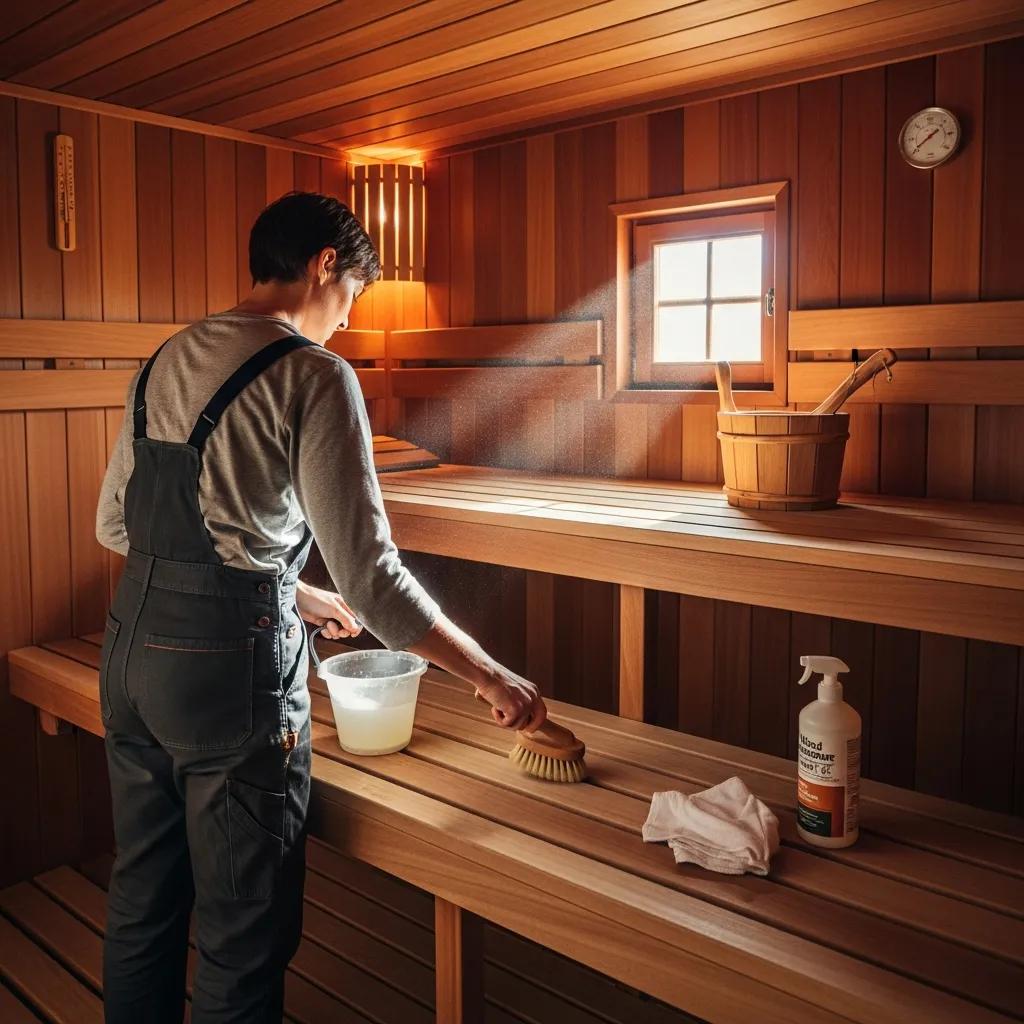 Person cleaning cedar sauna interior demonstrating essential maintenance tips