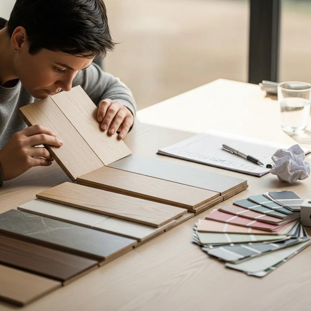 Person comparing flooring samples alongside a checklist to choose options for a home renovation