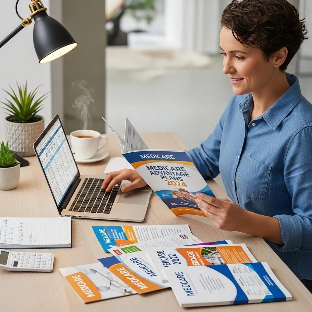 Person comparing Medicare plan brochures at a desk