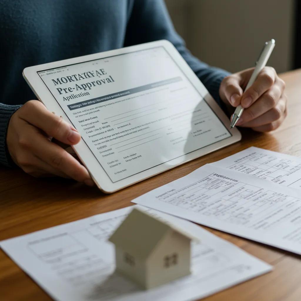 Person completing mortgage pre-approval application with financial documents Person completing mortgage pre-approval application with financial documents
