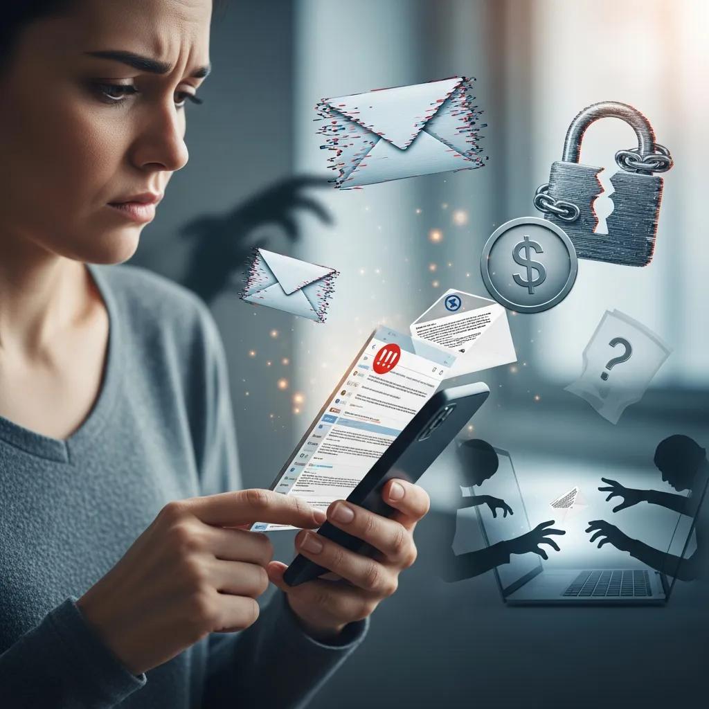 Concerned person viewing email security alerts