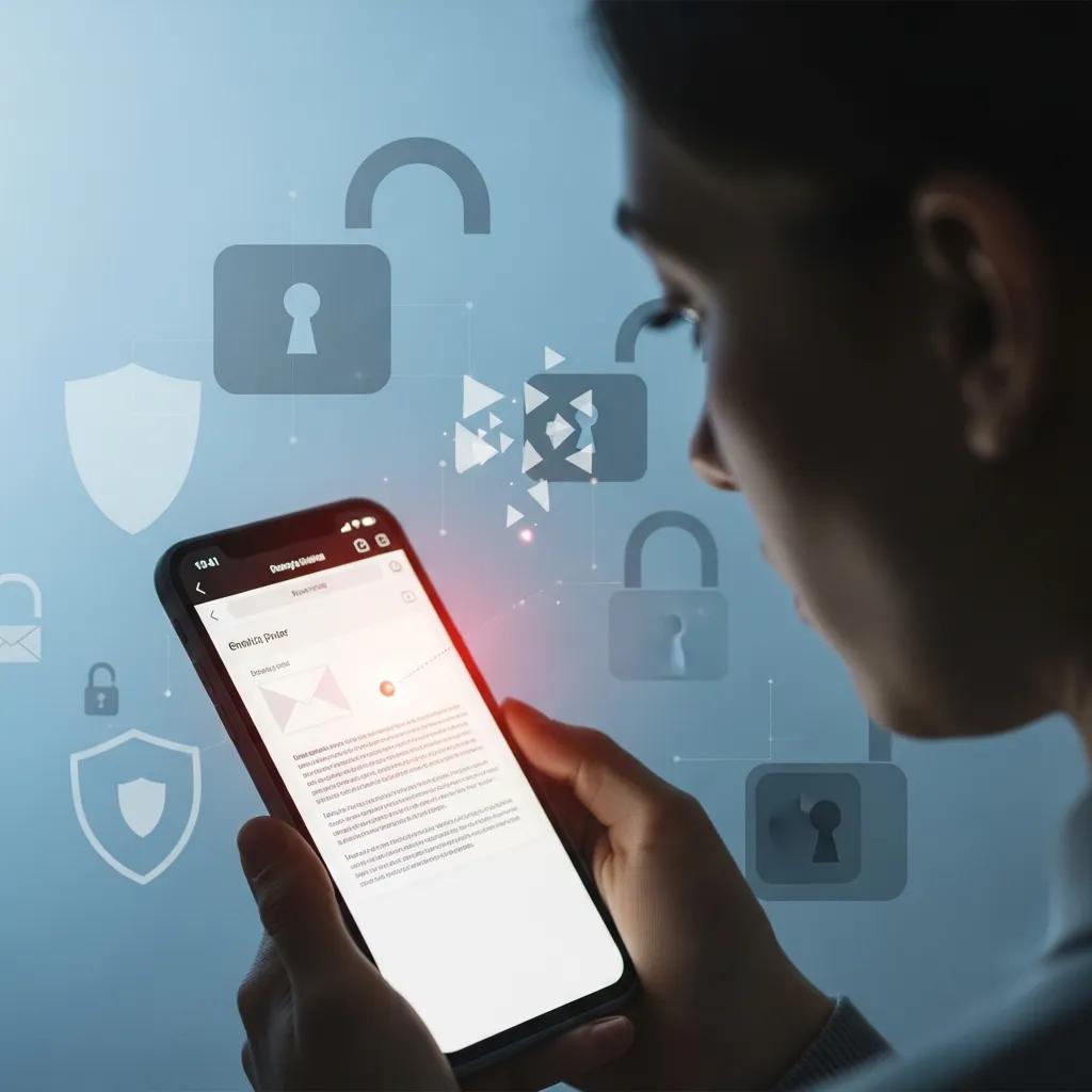 Person concerned about privacy implications while checking email on a smartphone, with symbols of security in the background