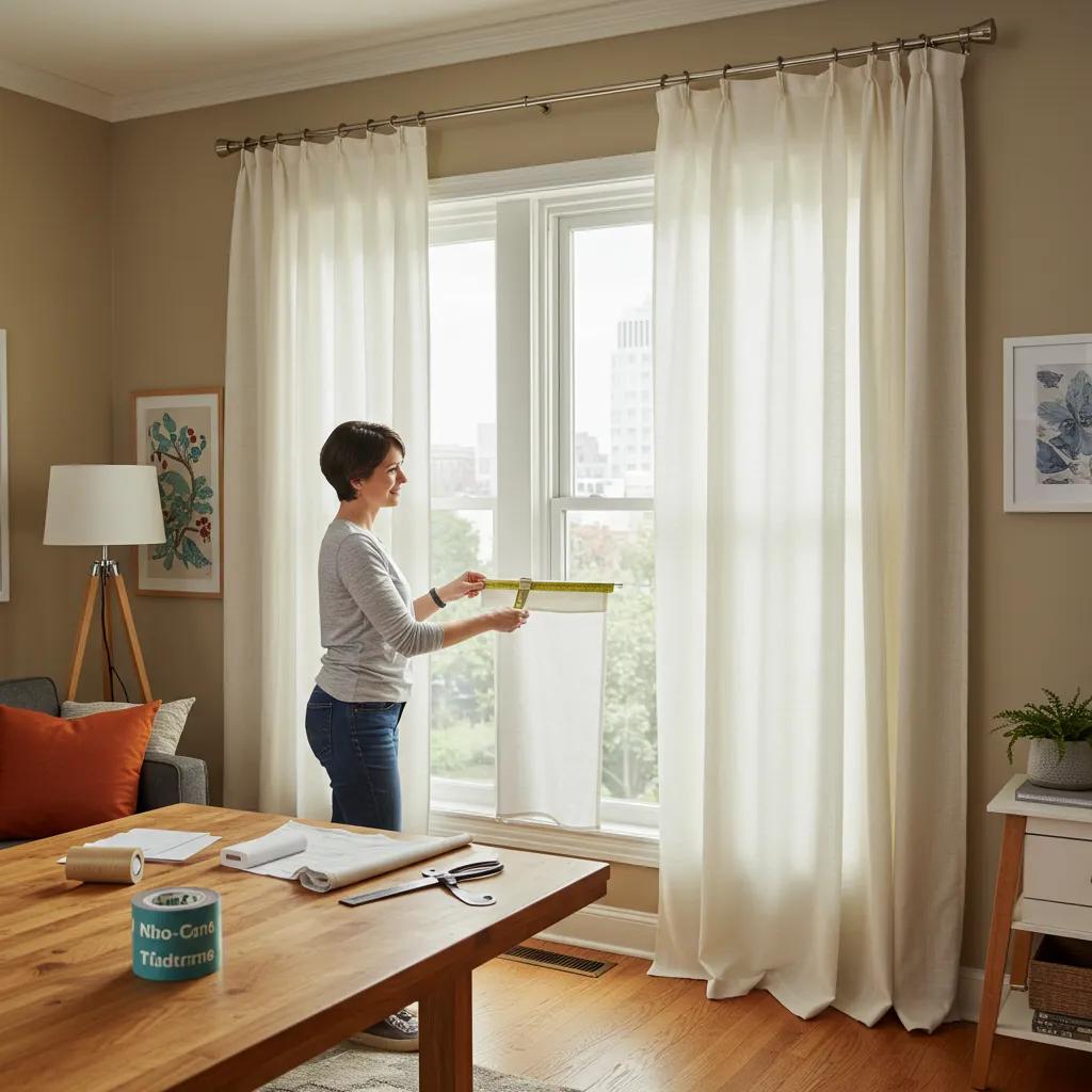 Person creating no-sew curtains using hem tape in a small apartment