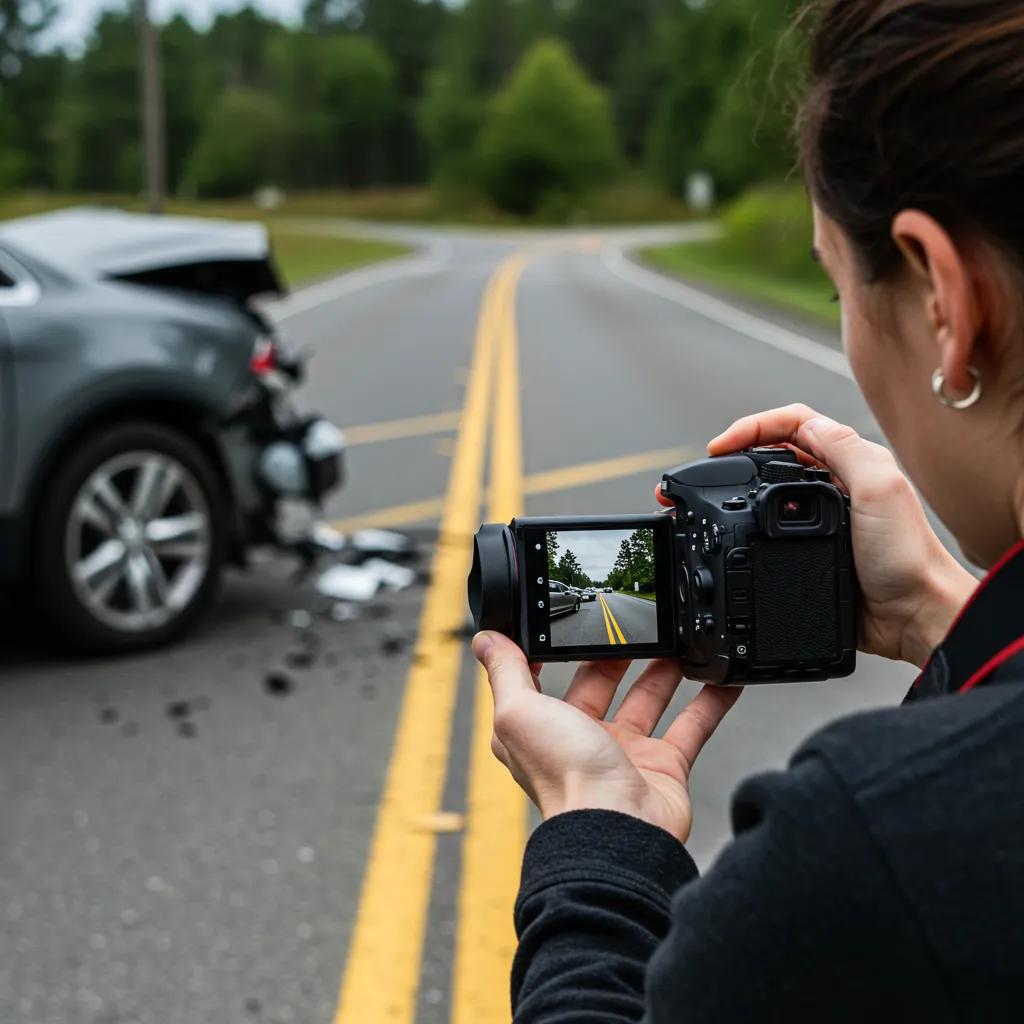 Person documenting evidence at a car accident scene with a camera