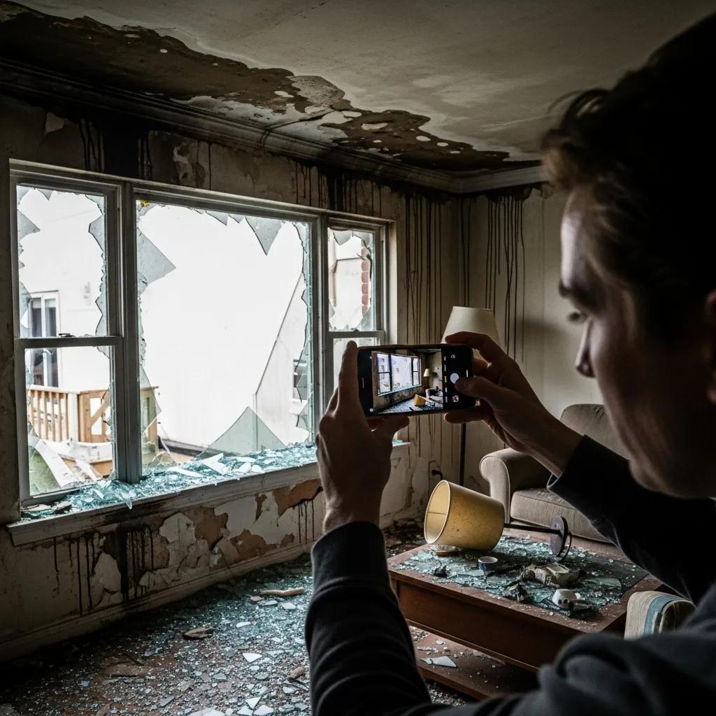 Person documenting property damage with a smartphone in a damaged room