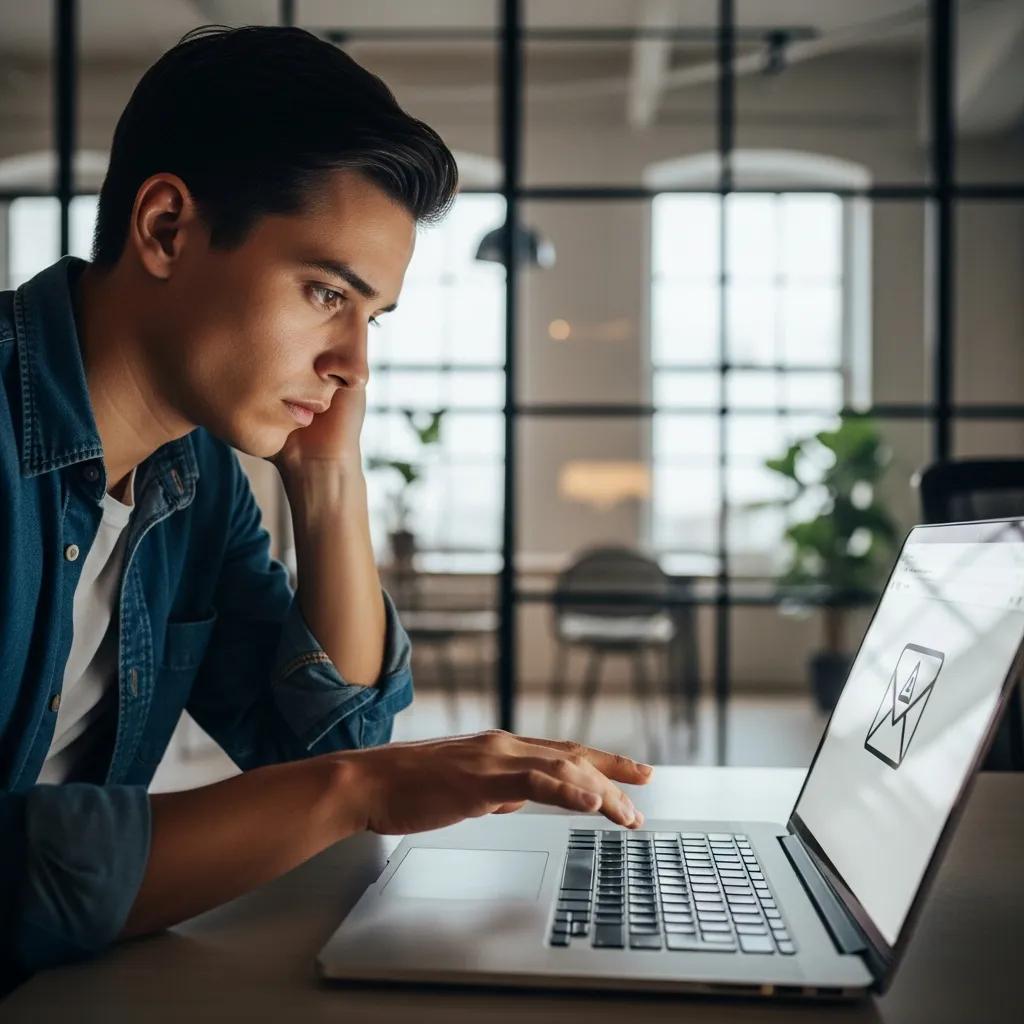 Person pausing before opening an email attachment on a laptop