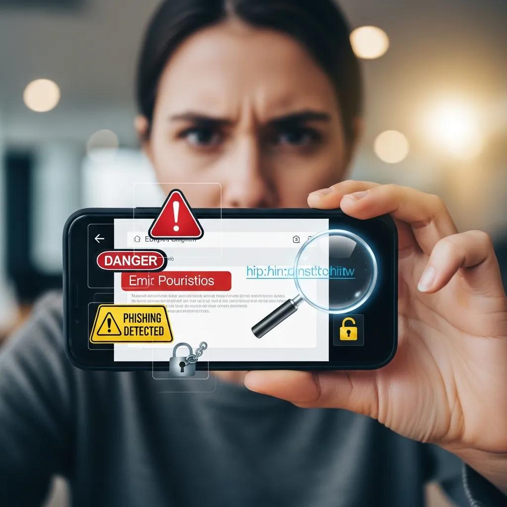 Person inspecting a suspicious email on a mobile device to check links and attachments