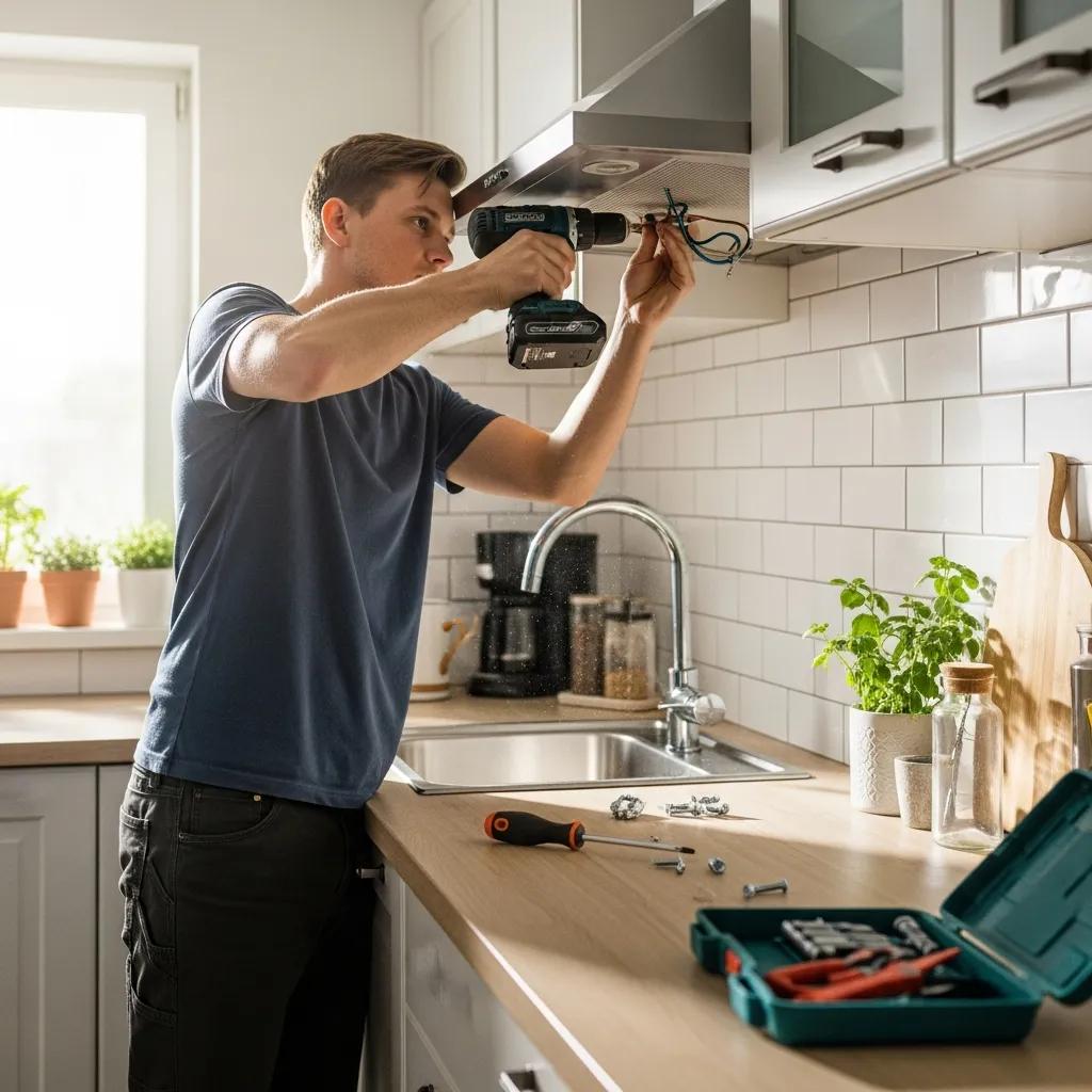 Person installing a range hood in a well-lit kitchen with tools