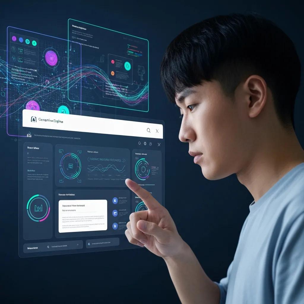 User interacting with a digital dashboard that represents AI-generated answers and optimization workflows