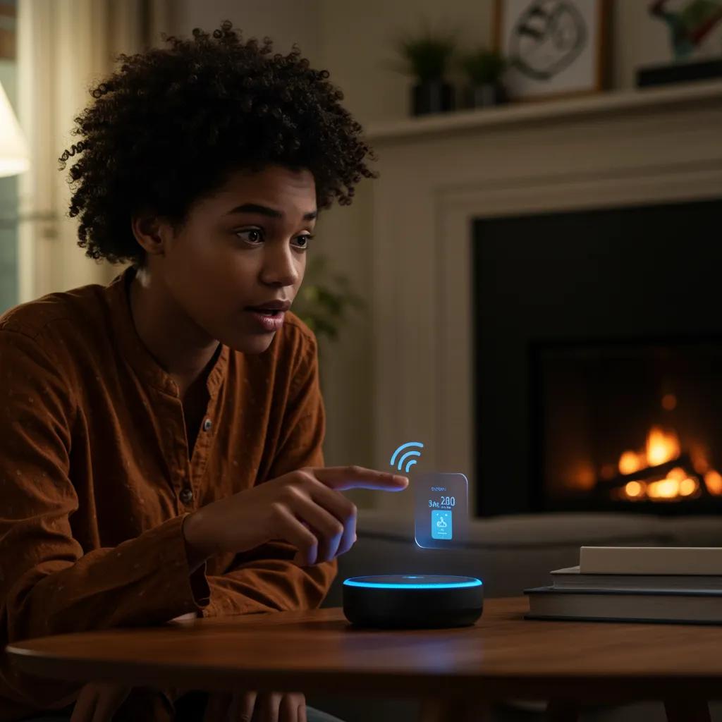 A person engaging with a voice-activated AI device in a comfortable home environment A person engaging with a voice-activated AI device in a comfortable home environment