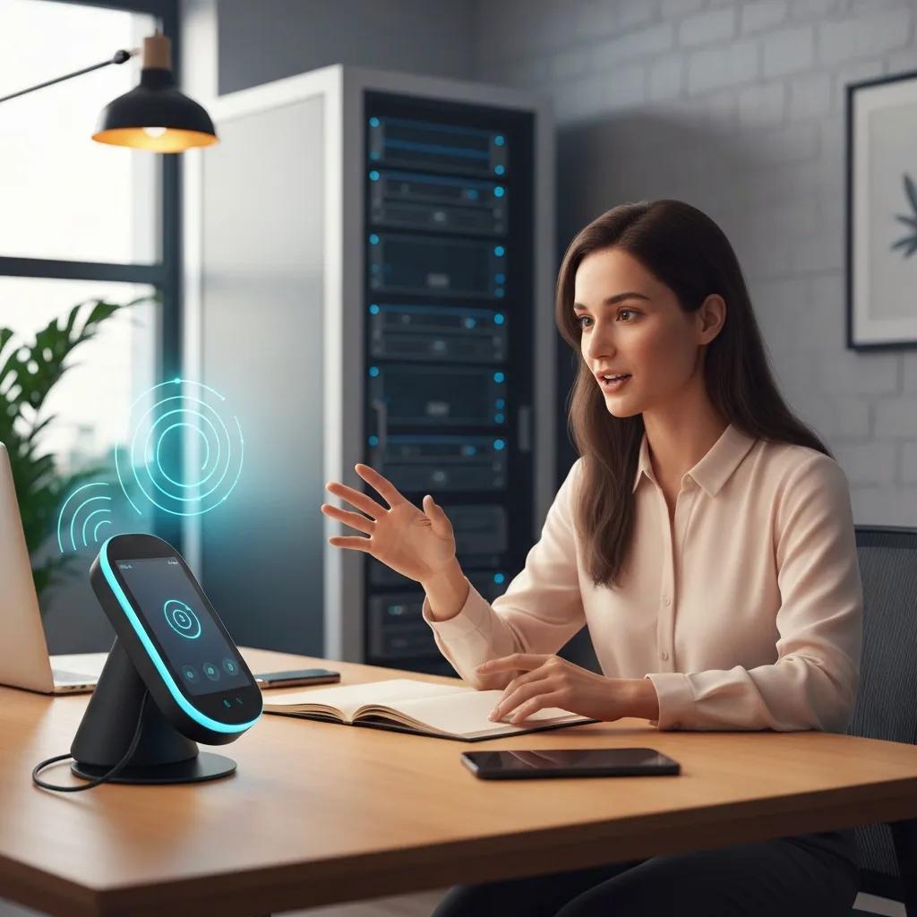 Person using a voice AI device in a secure office environment Person using a voice AI device in a secure office environment