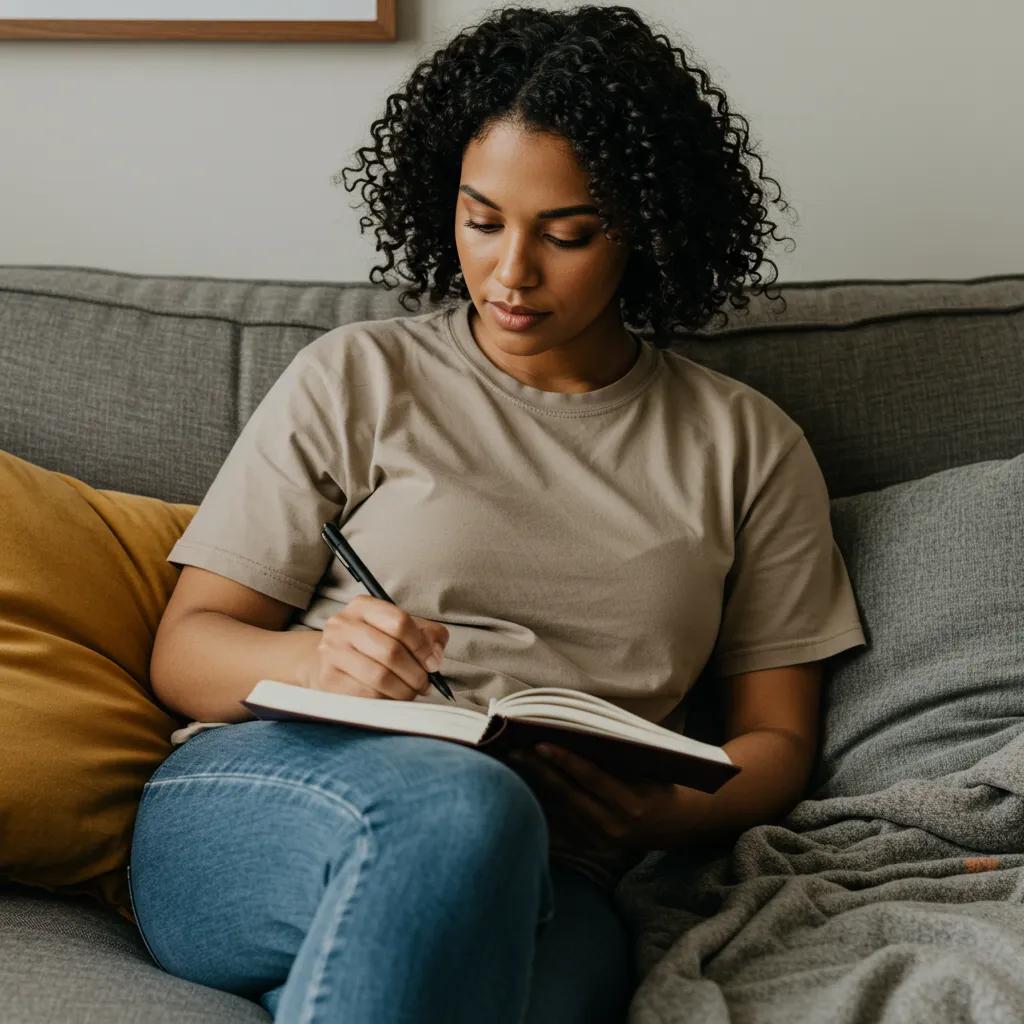 Person journaling on a couch, illustrating the psychological benefits of mental health journaling