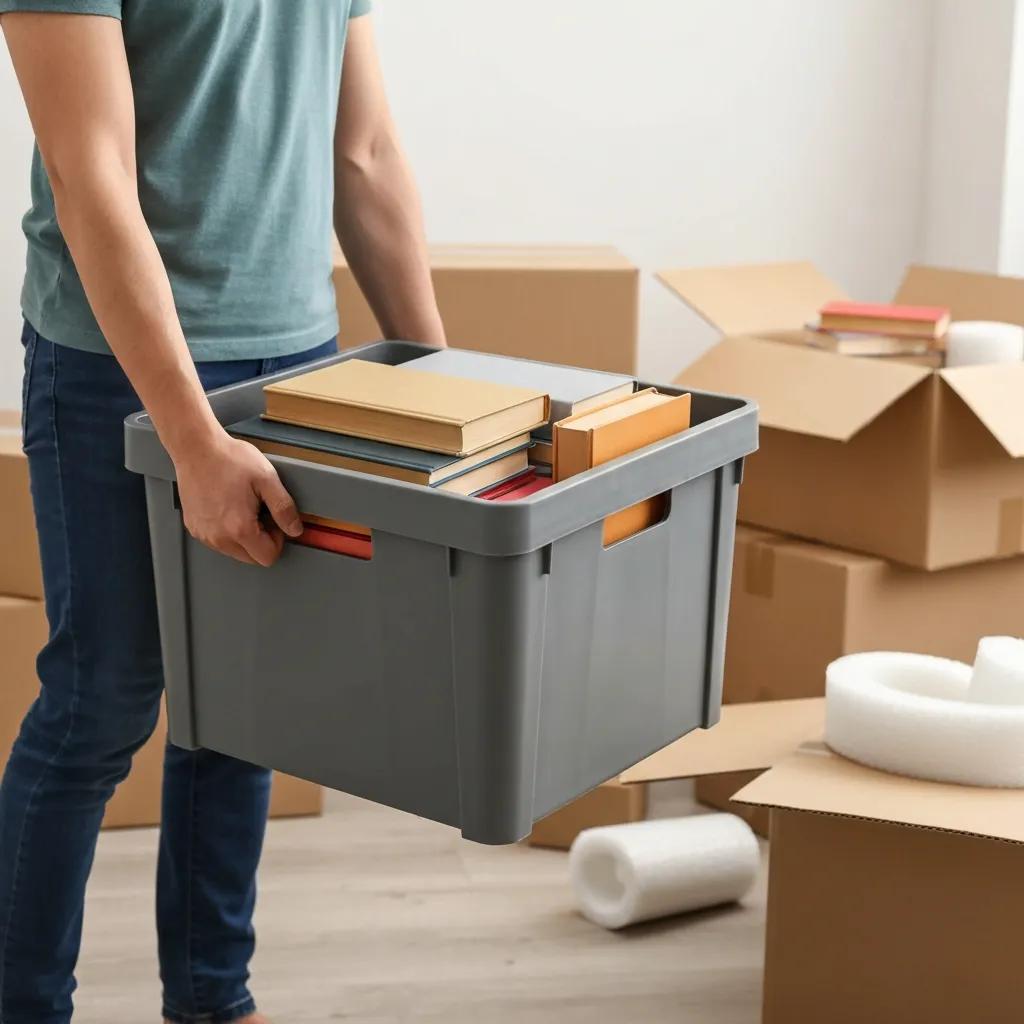 Person lifting a sturdy plastic moving box full of books — showing the strength and reliability versus cardboard