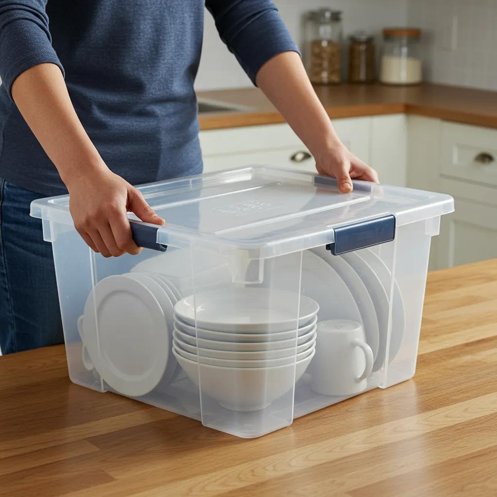 Person lifting a durable Bronko Box filled with fragile items, showcasing its strength and protection.
