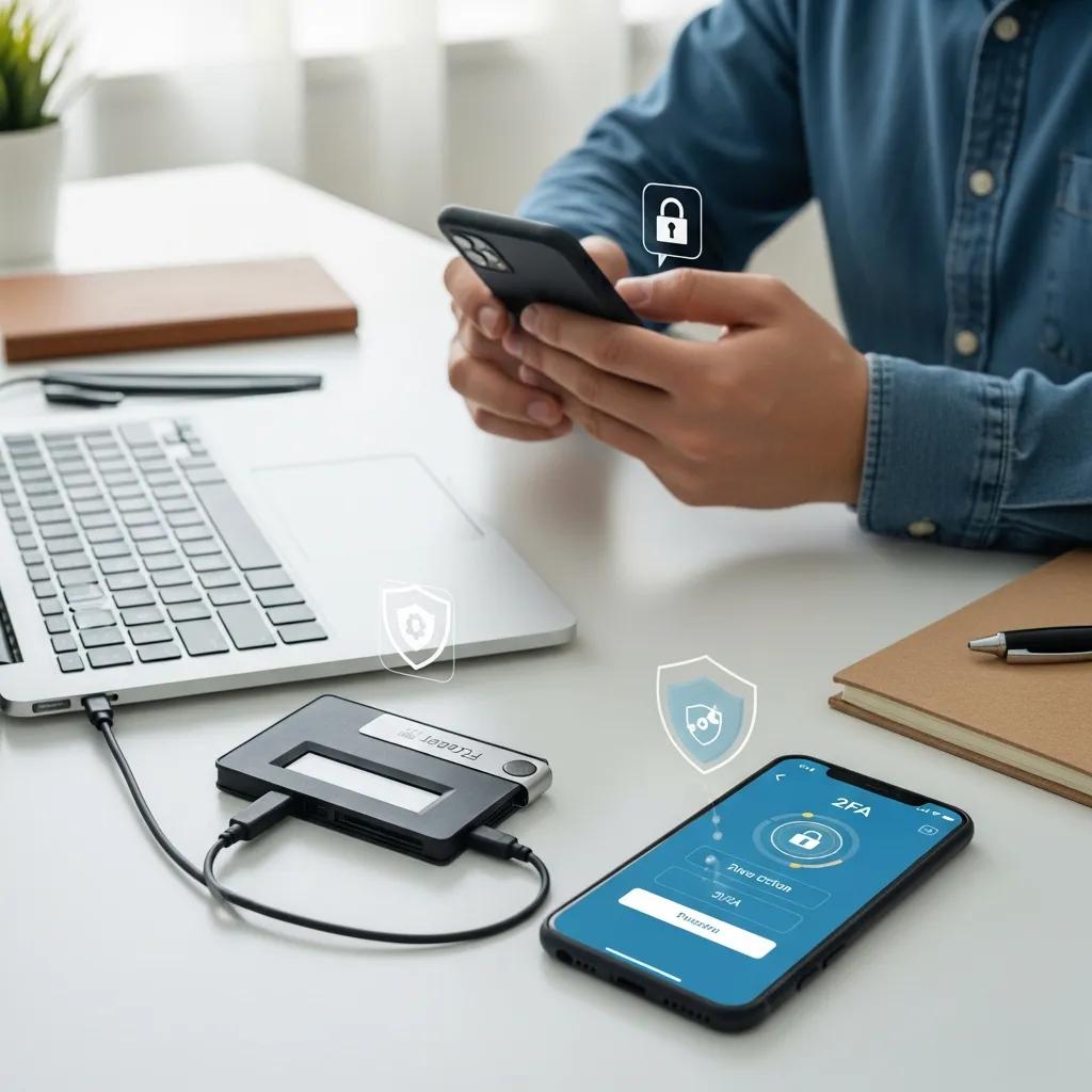 Person managing a crypto wallet on a phone with a hardware wallet nearby Person managing a crypto wallet on a phone with a hardware wallet nearby