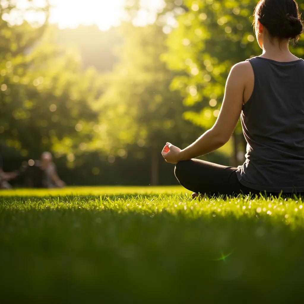 Person meditating in a serene outdoor setting, promoting mental and emotional well-being Person meditating in a serene outdoor setting, promoting mental and emotional well-being