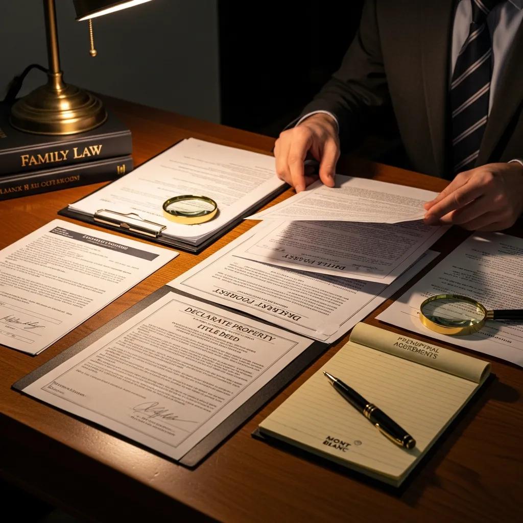 Person organizing deeds, gift letters, and bank records to prove separate property