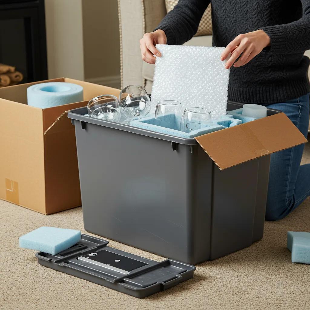 Carefully packing delicate items into a sturdy Bronko Box, ensuring maximum protection.