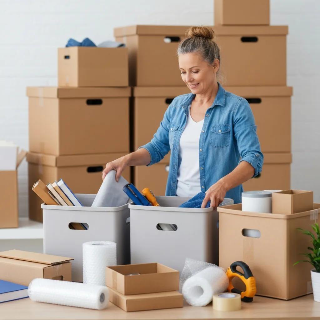 Person packing items into reusable plastic moving boxes, showcasing efficient packing techniques in a moving environment