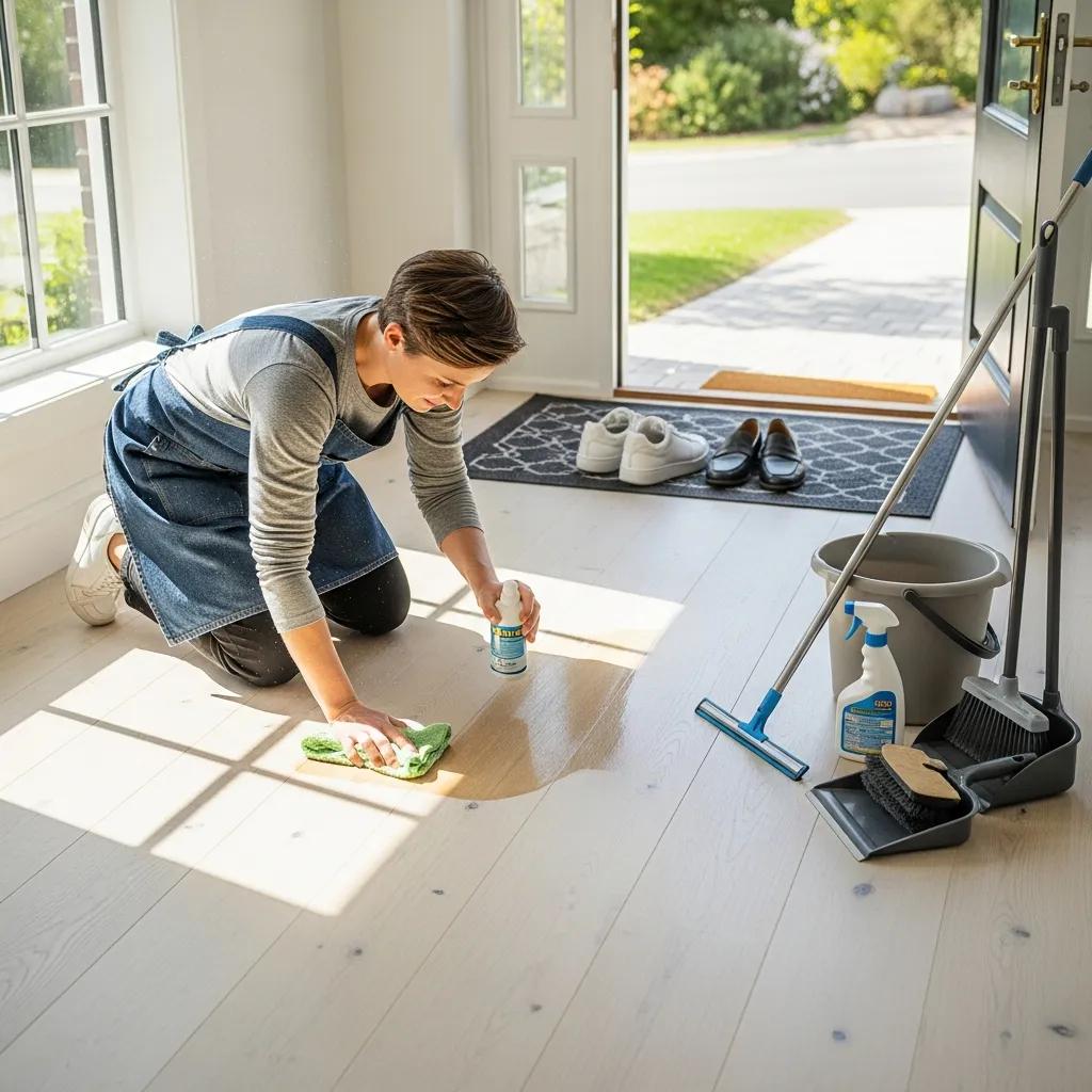 Person maintaining a floor with cleaning tools and protective treatments