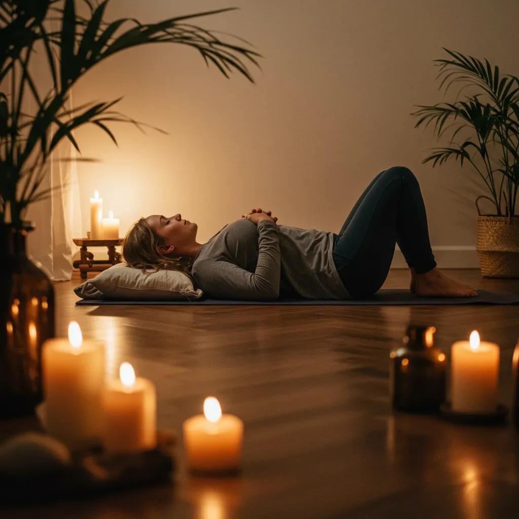 Person practicing mindfulness in a serene indoor environment, promoting relaxation and focus Person practicing mindfulness in a serene indoor environment, promoting relaxation and focus