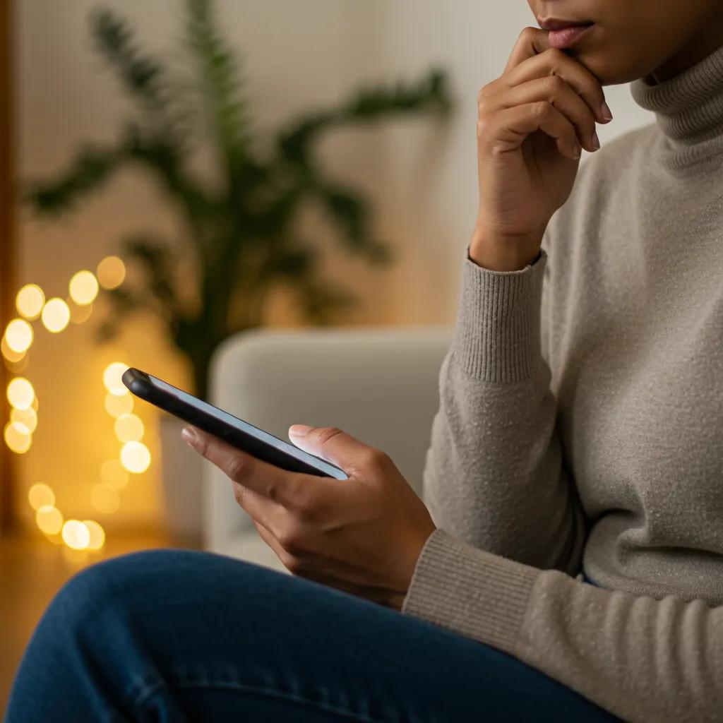 Person practicing mindfulness while using a smartphone, representing mindful social media use Person practicing mindfulness while using a smartphone, representing mindful social media use