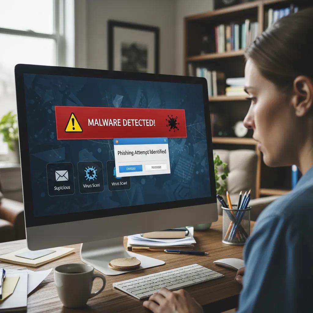 Employee reacting to a security alert on a workstation — illustrating common cyber threats Employee reacting to a security alert on a workstation — illustrating common cyber threats