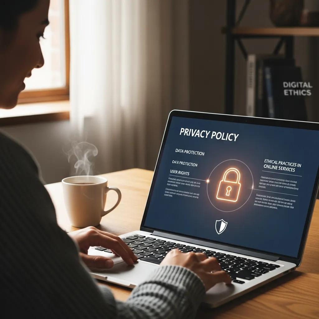Person reading a privacy policy on a laptop, highlighting ethical monetization practices