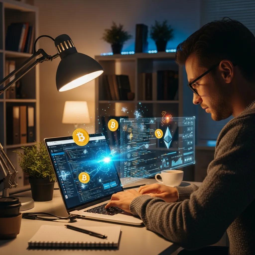 Person using a laptop to recover cryptocurrency in a home office Person using a laptop to recover cryptocurrency in a home office