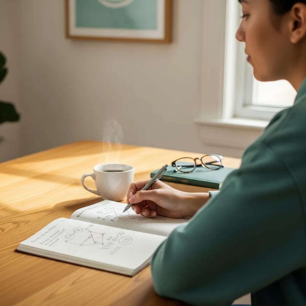 A person reflecting on responsible betting with a notebook and coffee, highlighting calm self-control