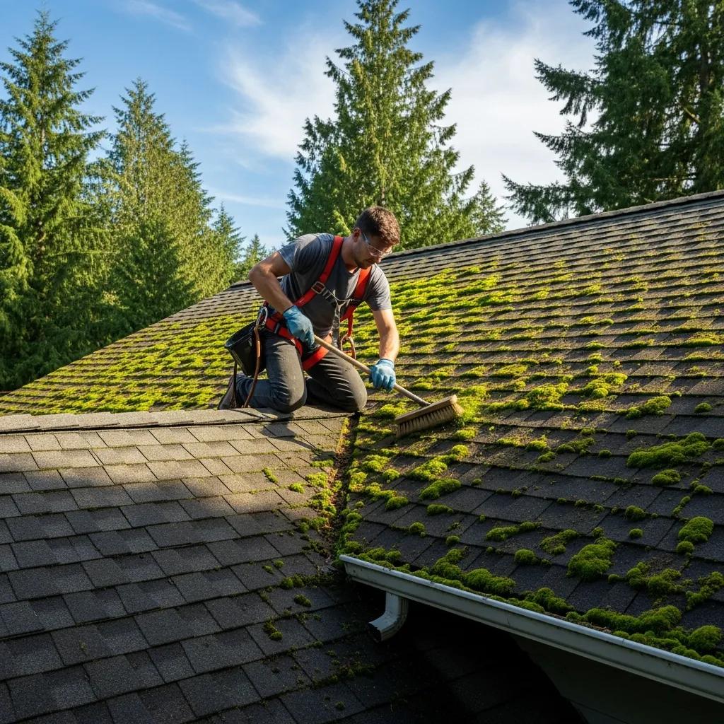Person removing moss from a roof safely with a soft brush