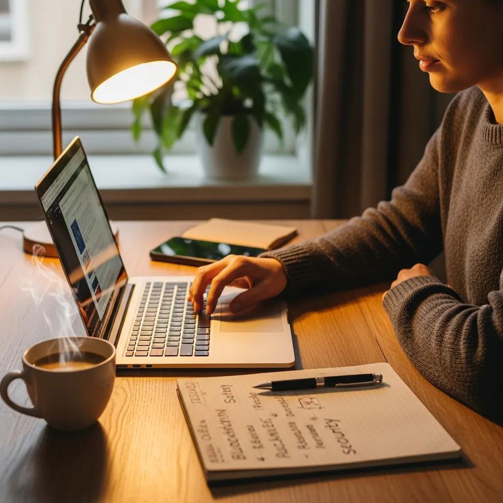 Person researching crypto safety at a desk with a laptop, coffee, and notepad Person researching crypto safety at a desk with a laptop, coffee, and notepad