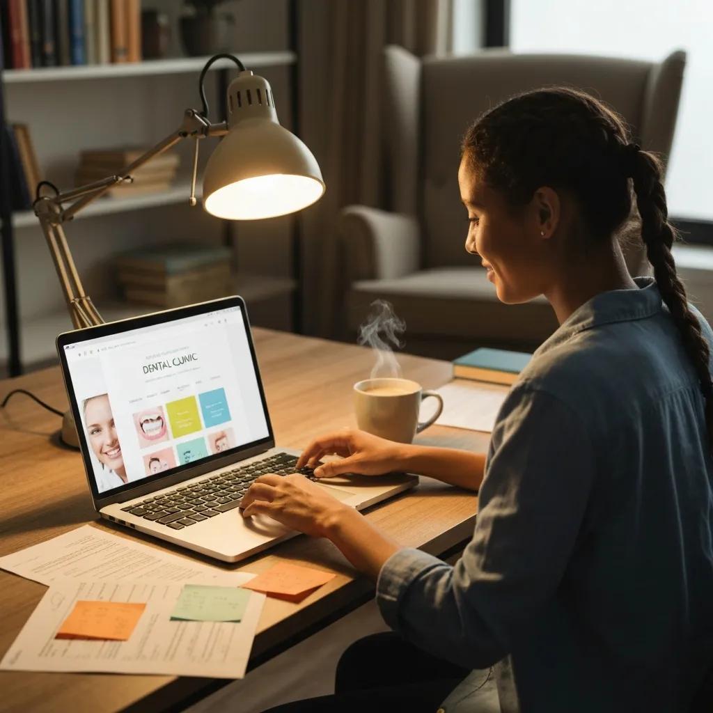 Person researching dental clinics online with notes and coffee Person researching dental clinic near me online with notes and coffee